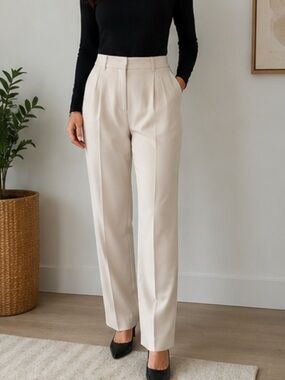 J&L Atelier Cream Straight Leg Pleated Front Trousers Size Large Beige Cream